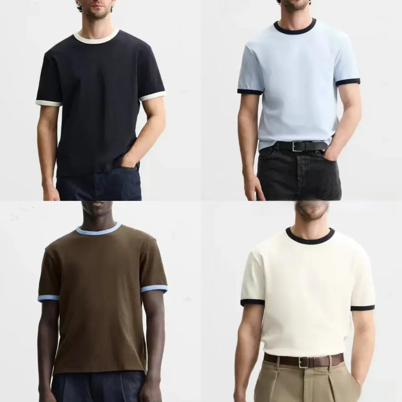 Summer 2025 Men's Slim Fit round Ne ort Sve T-irt Pure Cotton New Arrival Multi-Color Contrast Stripe Design Top