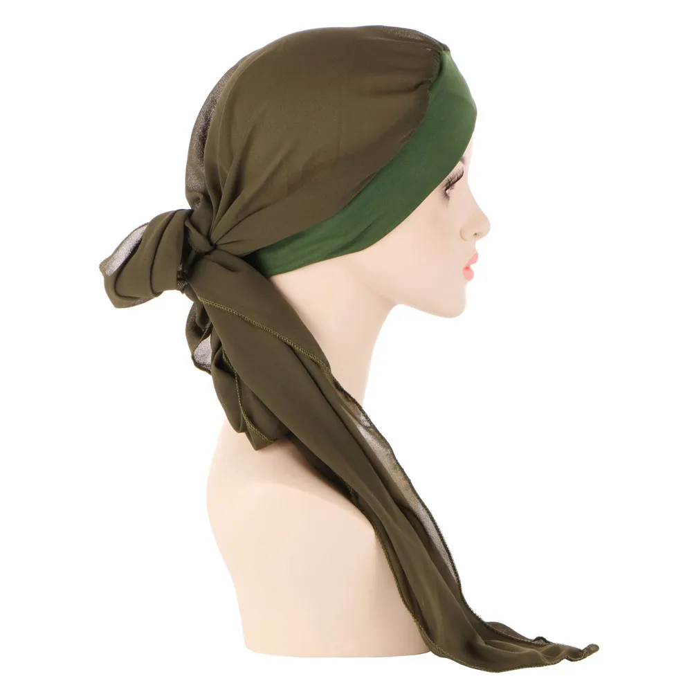 

Pre-Tied Muslim Fashion Women Long Tail Turban Hijab Chemo Cap Head Wrap Scarf Hair Loss Headwear Hat Bonnet Bandana Mujer Solid