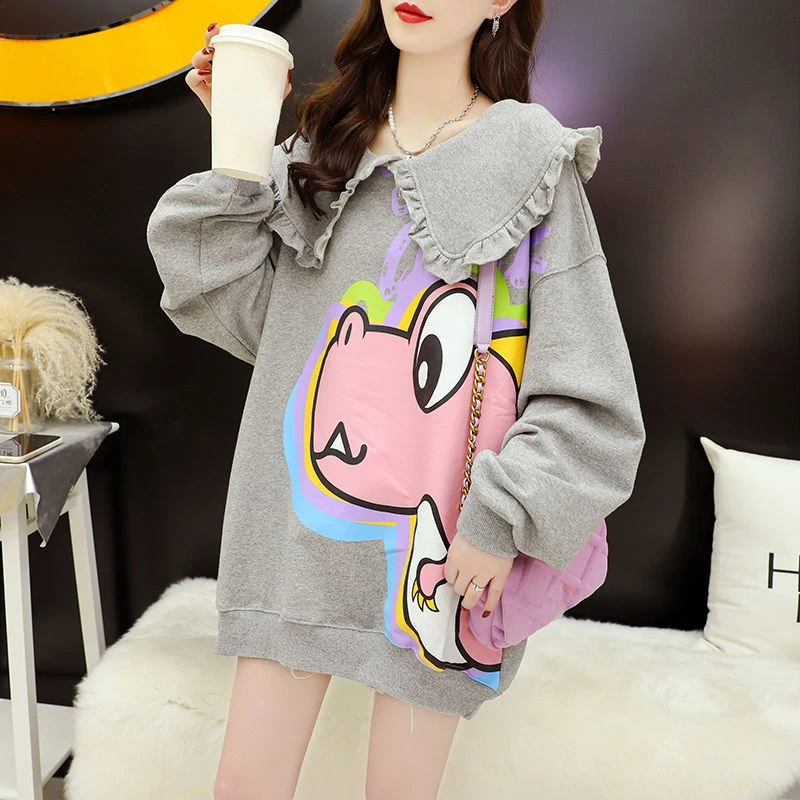 

Anime Women's Pullovers Grey Kawaii Woman Clothing Manga Sweatshirt Cute Top Loose Baggy Basic Autumn and Winter 2000s Novelty E