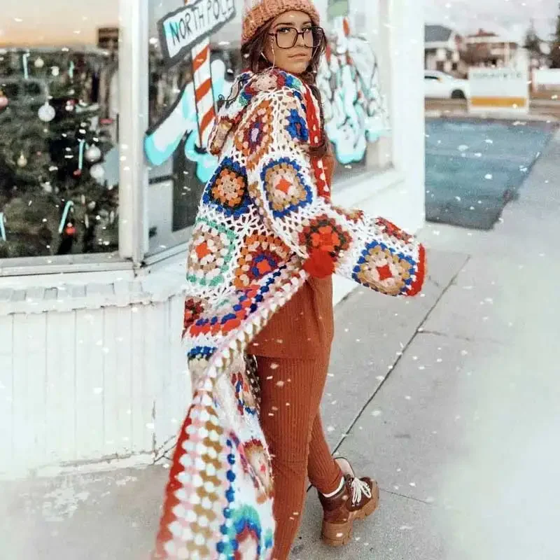 Cardigan Crochet Femme Chic Gilet Crochet Bohème Pull En Tricot Imprimé