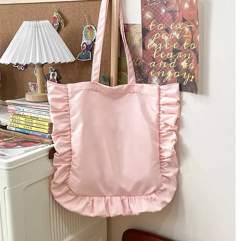 Elegant Vintage Women Tote Bags Ruffles Large Capacity Nylon Pleated Shoulder Bag French Style Handbag Sweet Female Handbag