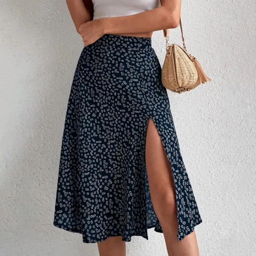 

Women Summer Wrapped Skirt Slit A-line Floral Print High Waist Loose Dress-up Breathable Elegant Lady Midi Skirt Female Clothes