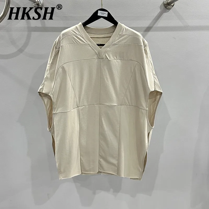 

HKSH Spring Summer New Men's Tide Women's 2024 Dark RO Style Spliced Knitted Loose Short Sleeve T-shirt Punk Cotton Tees HK1388