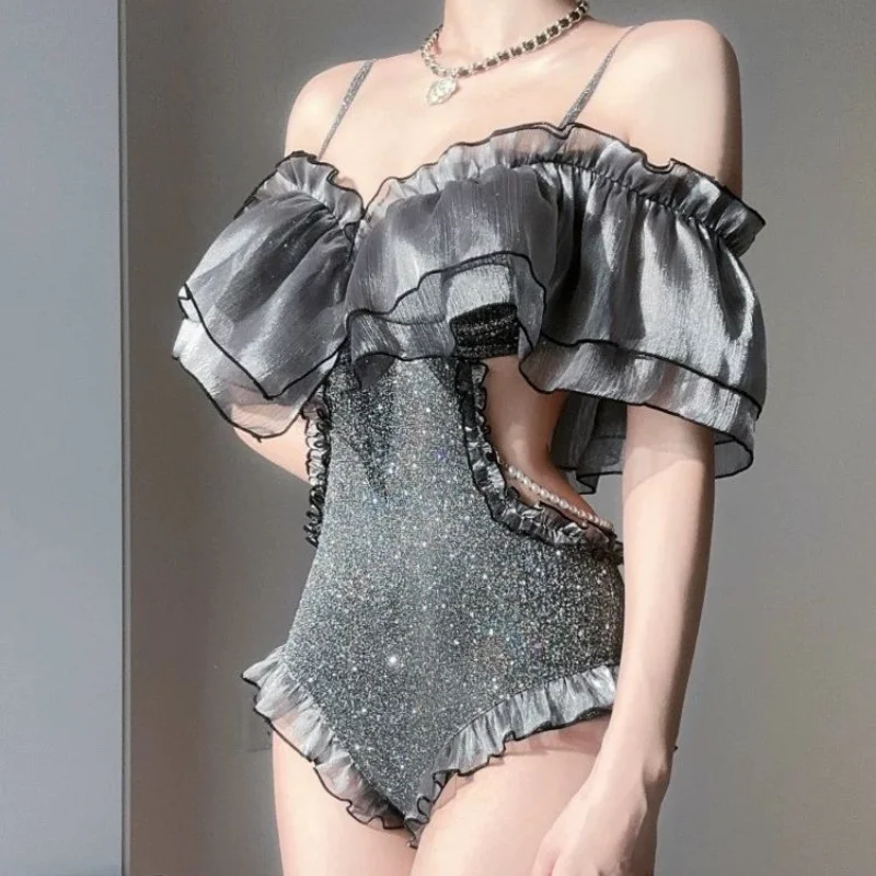 Summer New Sleeveless Sling Slimming Hollow Out Backless Spliced Ruffles Silvery Pure Desire Gather Up the Small Chest Swimwears