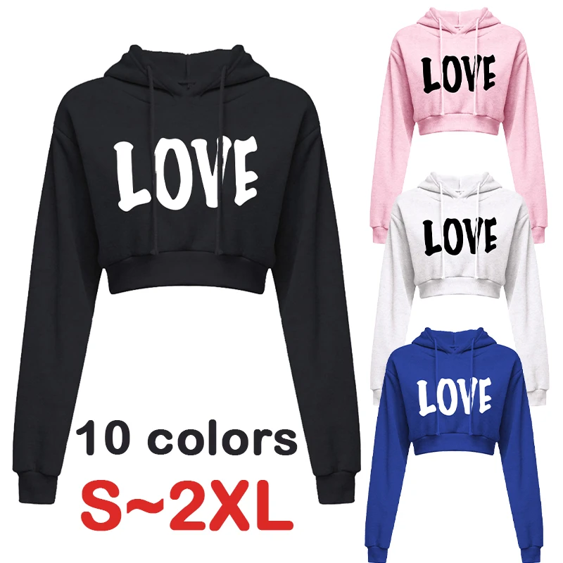 

Women's exposed navel top hoodie casual long sleeved hooded short sports shirt sexy printed exposed navel sweater 10 colors