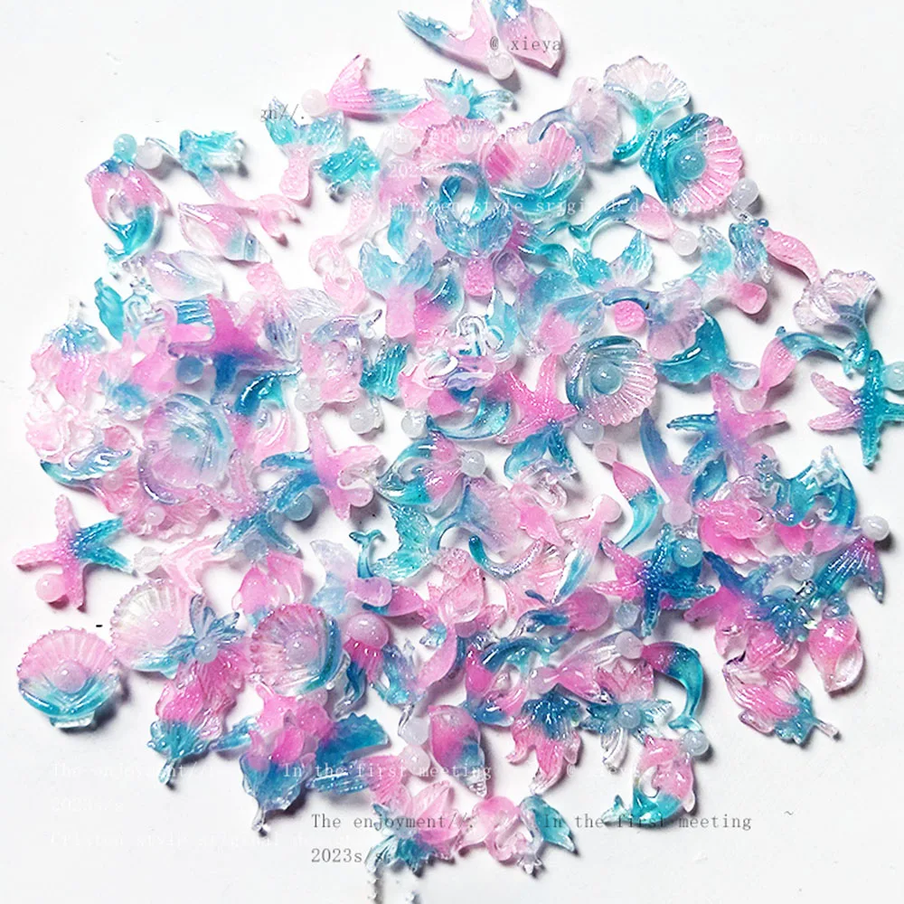 50pcs 빛나는 인어 네일 매력 DIY 쉘 불가사리 매니큐어 액세서리 매력에 대 한 글로우 오션 시리즈 네일 장식 부품