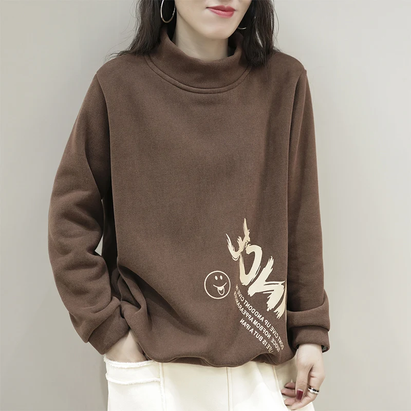 Autumn Winter Half High Collar Casual Fashion Printing Sweatshirt Ladies Loose Comfortable All-match Pullover Top Women Outwear