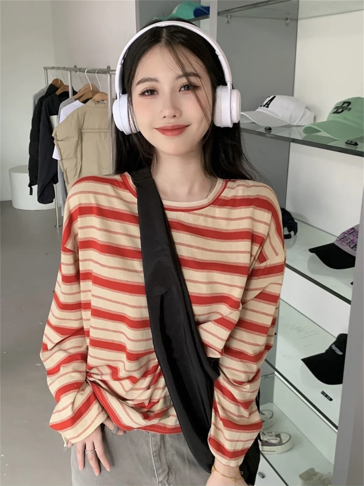 Mode Frühjahr Gestreiften T Shirts Für Frauen Kawaii Sommer Lange Hülse O-ansatz Hemd Koreanische Damen Fleece Übergroßen Coole Tops T-shirt – Detail 14