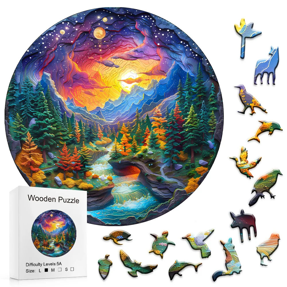 Wooden Puzzles for Adults, Visual 3D Sunset Forest Wooden Jigsaw Puzzles, Wood Puzzles Adult, Unique Animal Shape Wood Cut Puzzl 3