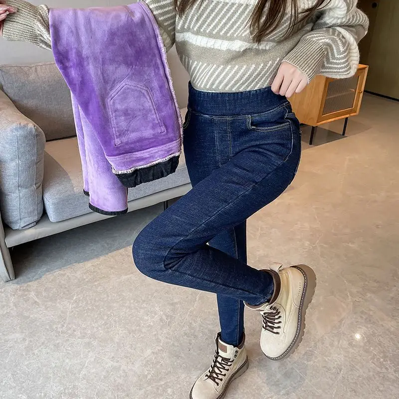 

Winter Fleece Jeans For Women Korean Stretch High Waist Warm Denim Pencil Pants Skinny Thickening Trousers Fall Pantalones 069