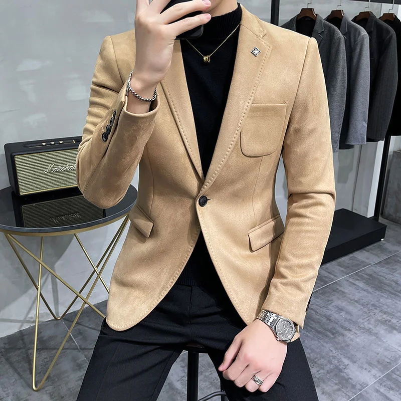 Plus Size 4XL-M Autumn Deerskin Velvet Men Suits Jackets 6 Color Business Slim Blazers Casual Wedding Tuxedo Suit Coat