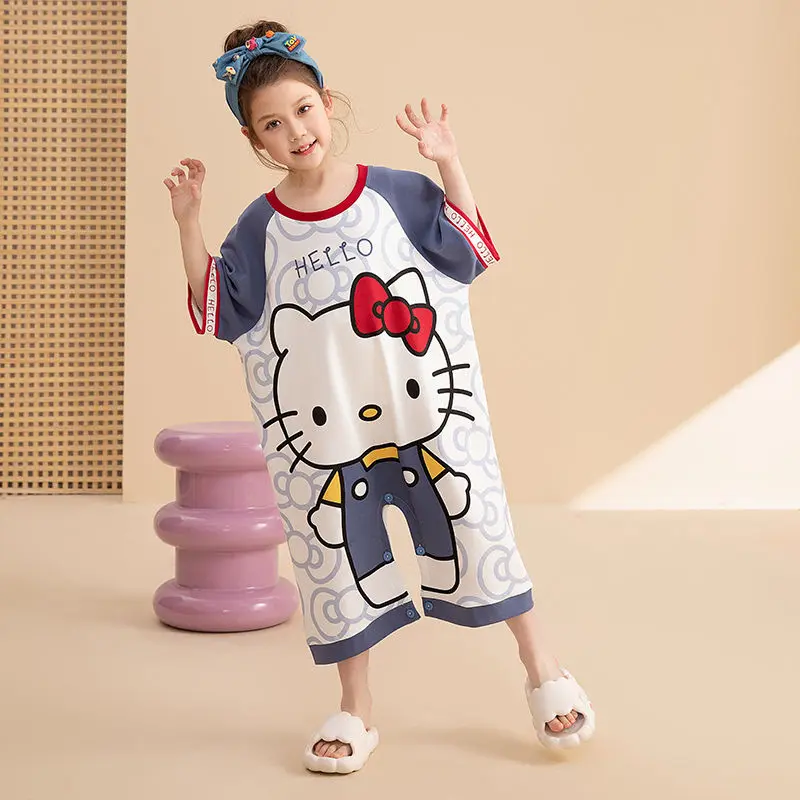 

Пижама Sanrios Hello Kitty детская из чистого хлопка, домашняя одежда из аниме Kuromi Cinnamoroll, мультяшная Милая Ночная рубашка My Melody, подарок для девочки