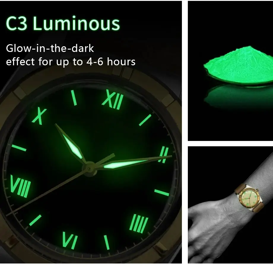 Hestur Automatic Mechanical movement SW200 Crystal Bubble Back C3 Luminous 36mm Couple Simple Antique Men's Watch