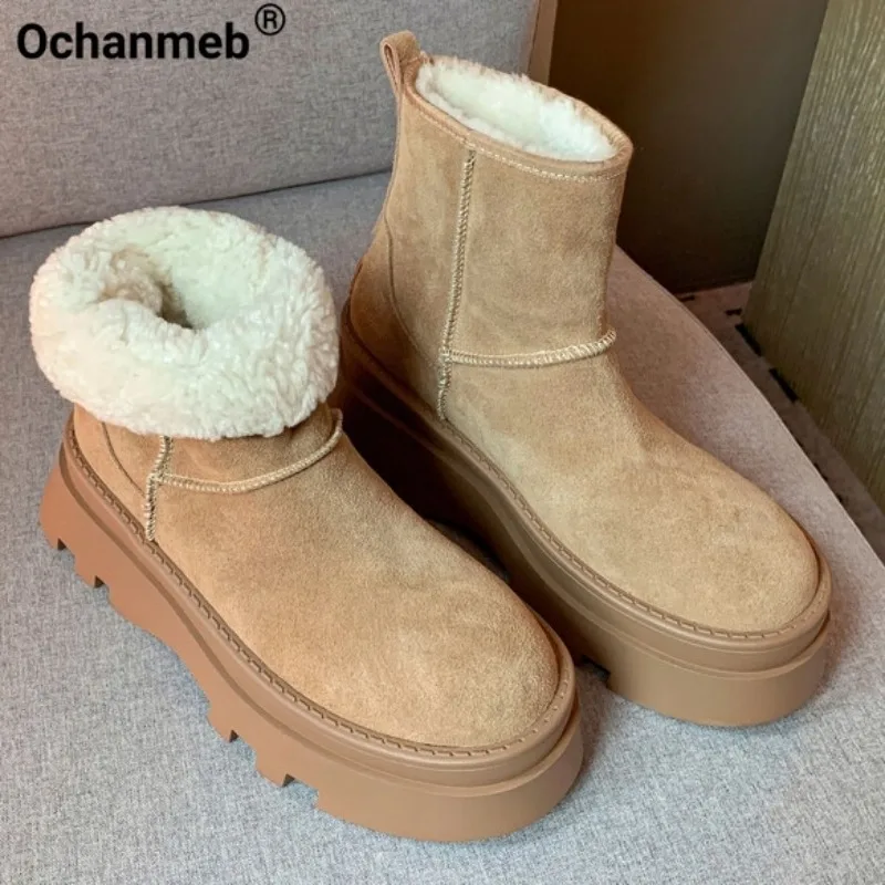 

Ochanmeb Women Cow Suede Snow Boots Warm Sheep Wool Fur Flat Platform Slip-on Short Ankle Boots Concise Ladies Shoes Nude Winter