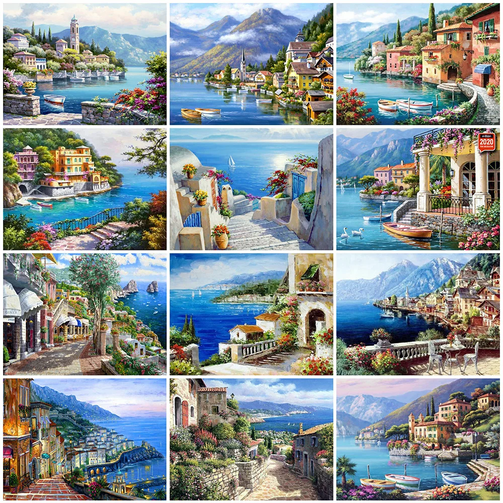 5D DIY Diamond Painting Town Craft Kit Diamond Embroidery Seaside Landscape Mosaic House Handmade Gift Wall Decoration diamond painting