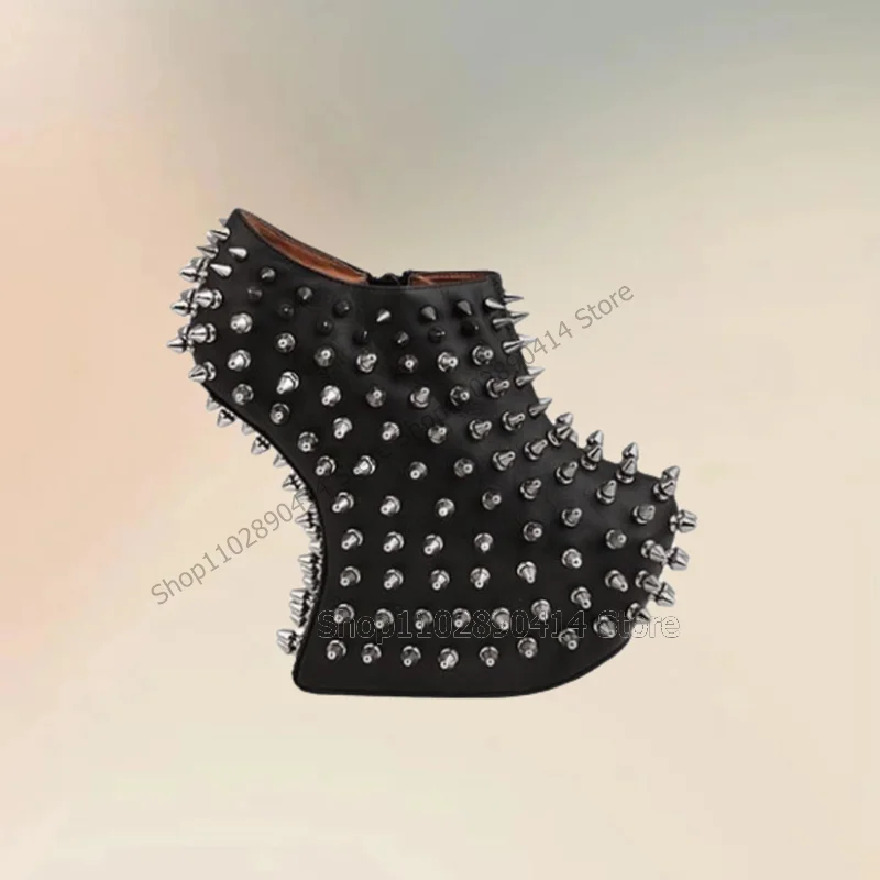 

Black Rivets Decor Strange Style Heels Platform Boots Slip On Women Shoes Novel Fashion Banquet Runway 2023 Zapatos Para Mujere