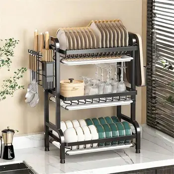 Tableware Lishui Rack, ThreeTier SpaceSaving Kitchen Countertop Tableware Rack, Metal Kitchen Countertop Storage Rack And Shelv 1