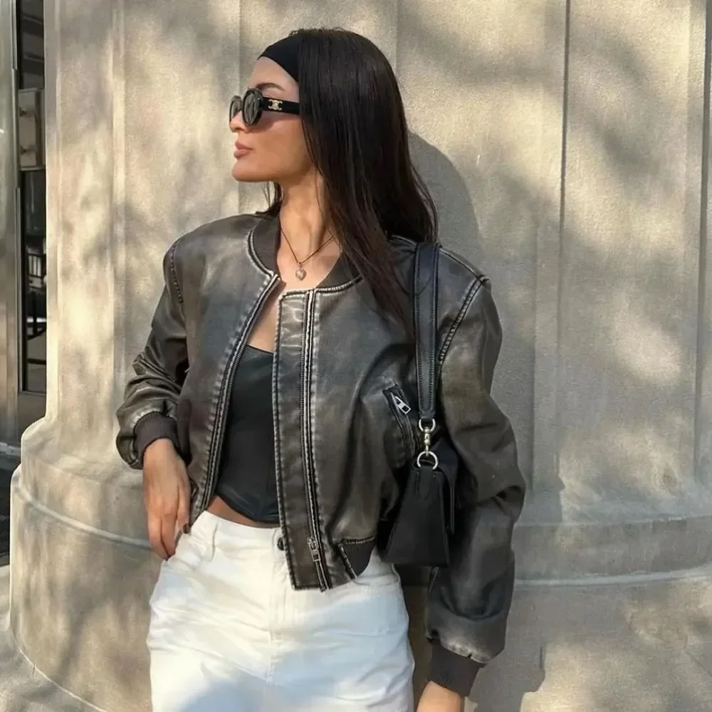 Leather Jacket Spring Women Artificial leather Loose Coat Vintage - Main Image