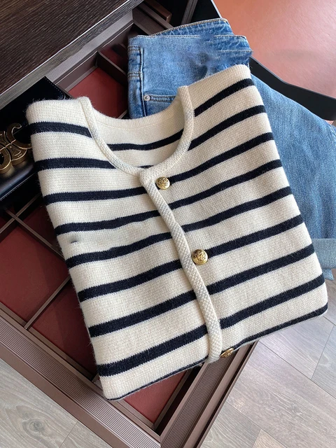 Women Spring Autumn Sweaters O-neck Stripe Knitted Cardigan Fashion Long Sleeve Casual Short Tops Korean Style New 2