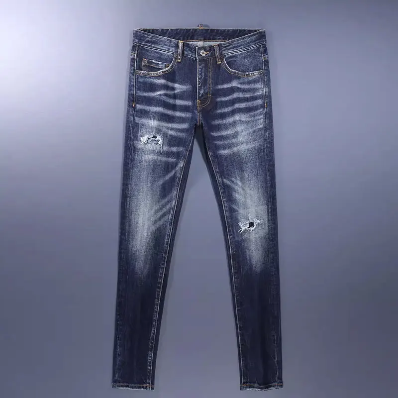 High Street Fashion Men Jeans Retro Blue Stretch Slim Fit Hole Ripped Jeans Men Vintage Designer Hip Hop Brand Pants Hombre