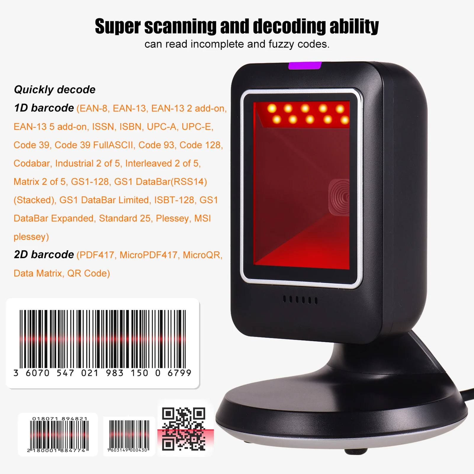 Description Picture 3 of itemMP6300Y 1D/2D/QR Omnidirectional Barcode Scanner USB Wired Bar Code Reader CMOS Image Hand-Free for Supermarket Bookstore Retail