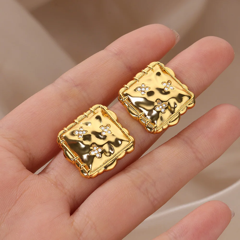 Cross Zirconia Lace Square Stud Earrings For Women Gold Color Stainless Steel