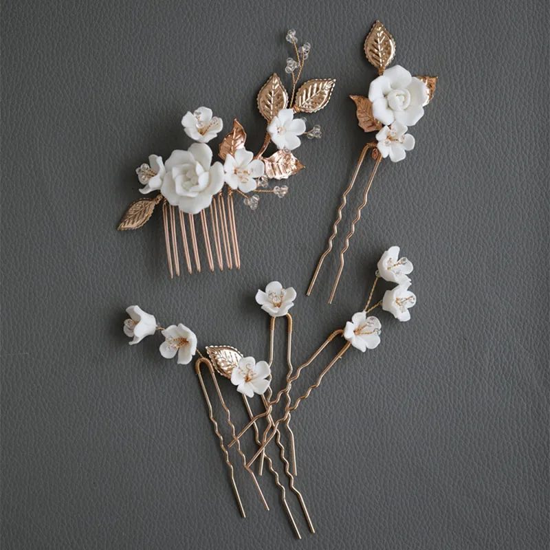 

SLBRIDAL Handmade Ceramic Flower Leaf Pearls Bridal Hair Comb Pins Set Wedding Hair Sticker Hair Accessories Women Hair Jewelry