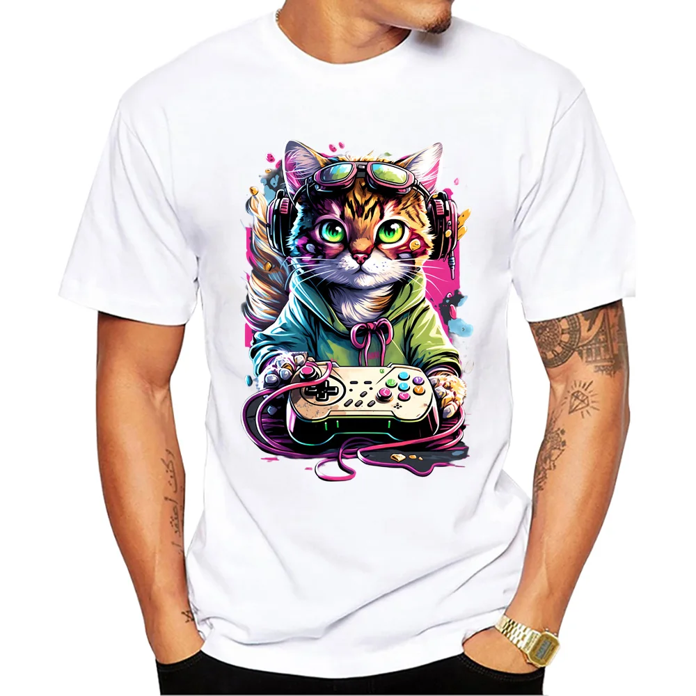Teehub Vintage coole Katze spielen Spiel Männer Tops 3D Katze drucken T-Shirt O-Ausschnitt Männer Kleidung Kurzarm männlich lässig Streetwear