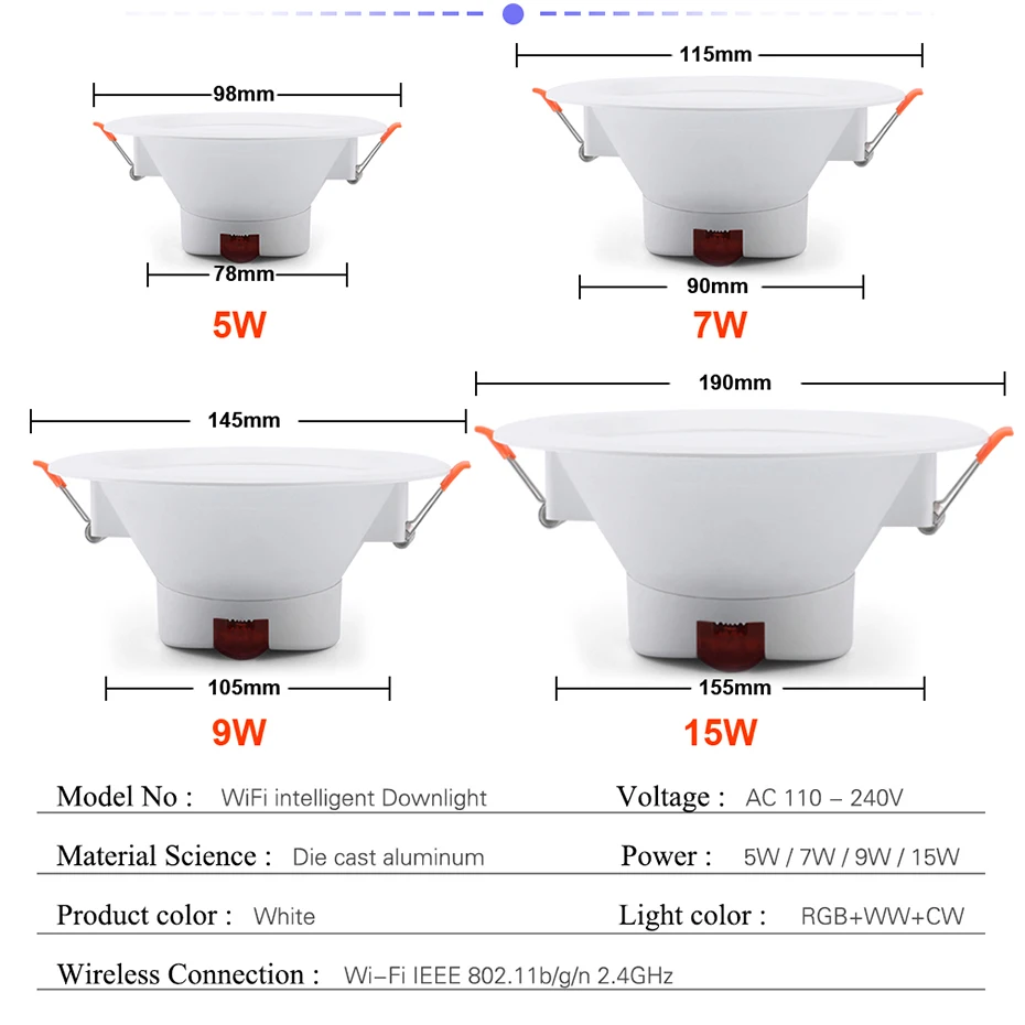 Tuya Smart LED Downlight WiFi LED Ceiling Recessed Down Light Dimmmable Spot Lamp 5W 7W 9W 15W RGB +CW+WW Changeable Work Alexa led downlight