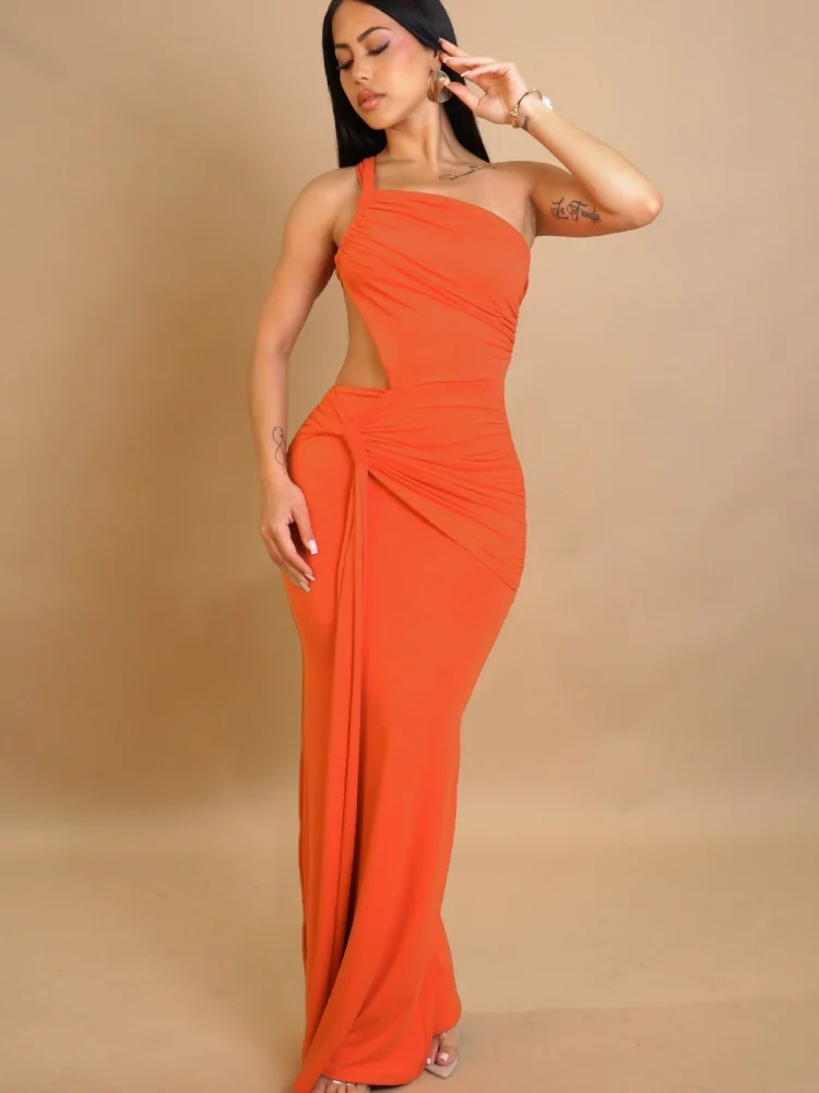 Wmstar Dresses for Women Wholesale Party Sexy Mesh See Through Solid Color Long Dress One Shoulder Pleated Dress Drop Shopping