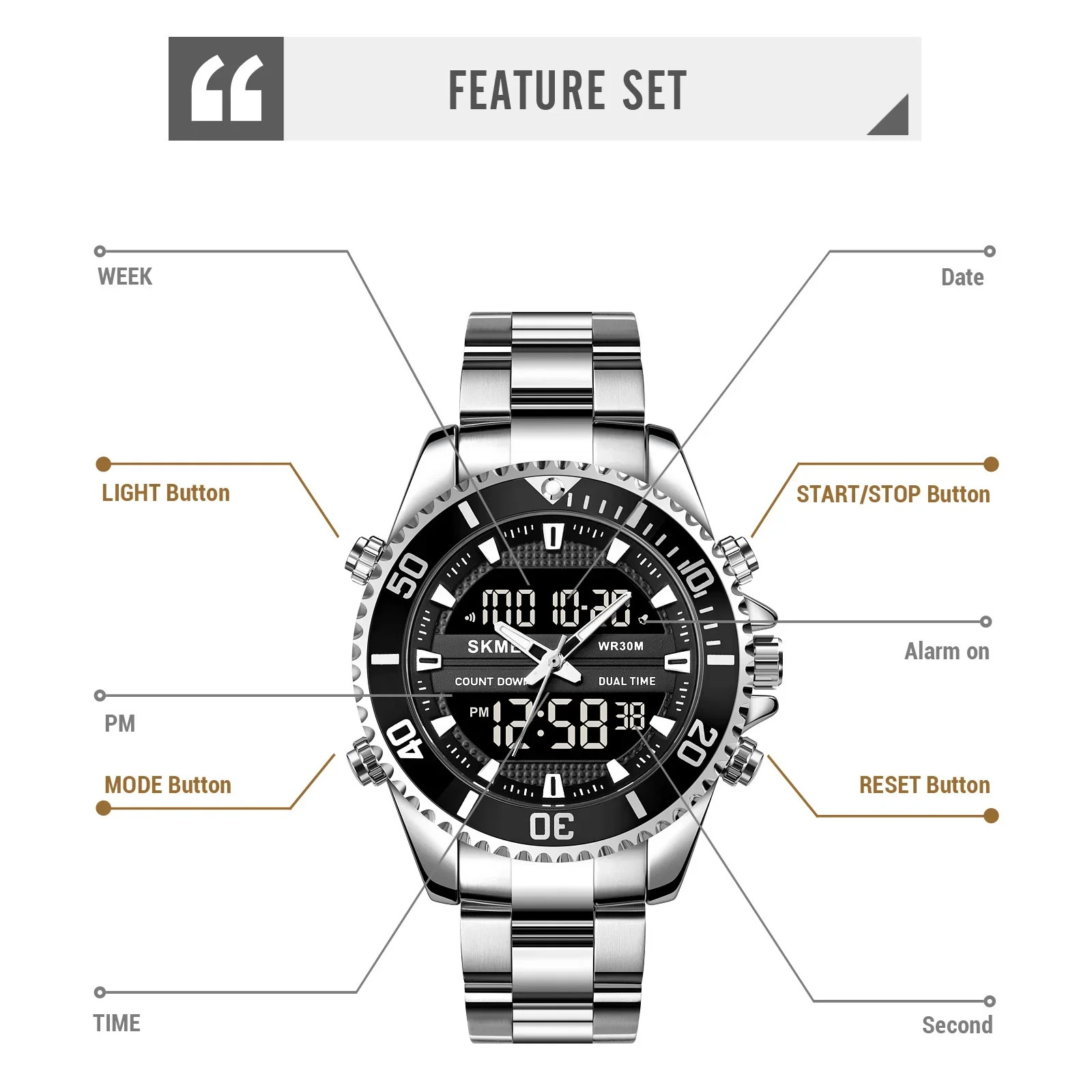 SKMEI 1850  Alarm Men Clock Waterproof Stainless Steel Relogio Masculino Dual Display Watches Mens Fashion Digital Wristwatches 5