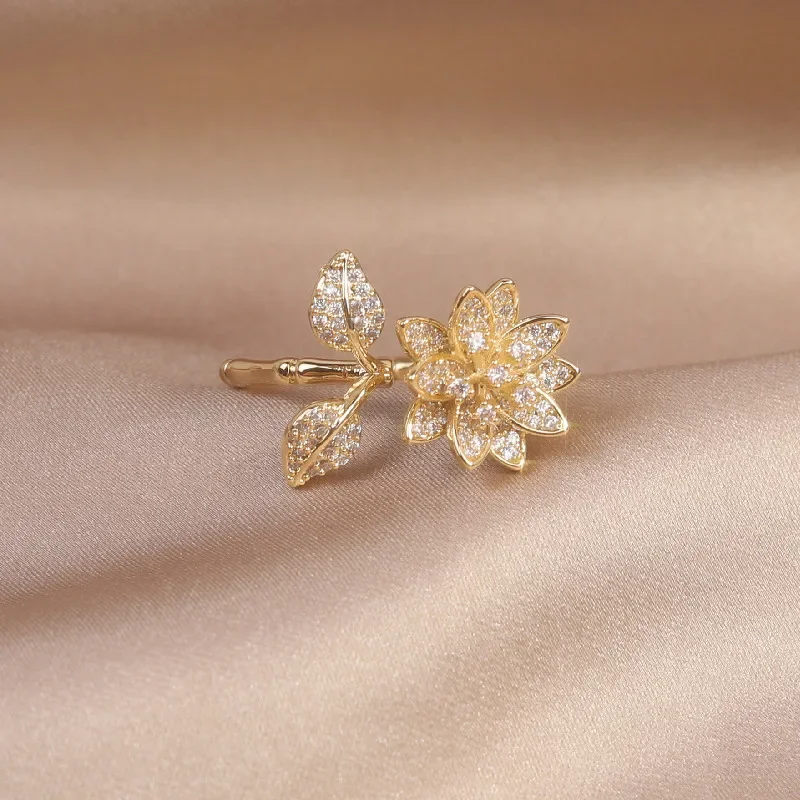 Gold Plated Rings New Design Fashion Real Gold Plated Exquisite Leaf Flower Zircon Women Daily Opening Adjustable