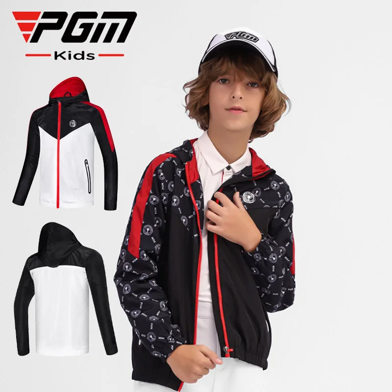 PGM Boys Long Sleeves Full Zipper Golf Jackets Children Windproof Warm Casual Golf Coat Hooded Printed Windbreakers Sports Tops