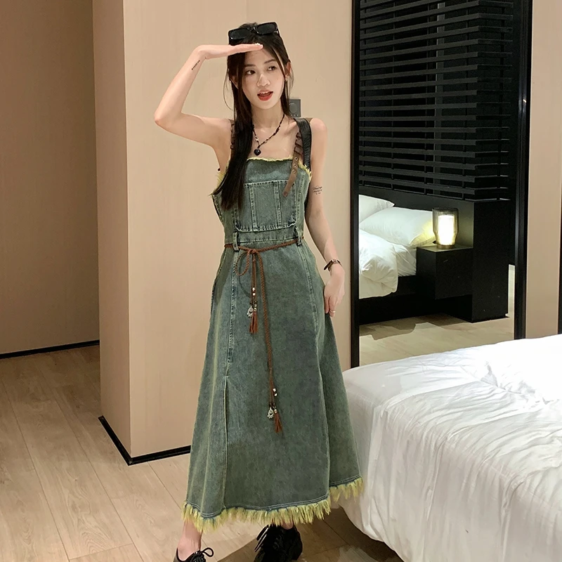 

2023 Denim Dress Rough Edge Tassels Academic Style Belt Side Split Versatile Personality Free Shipping