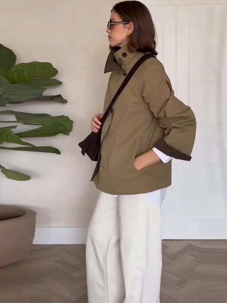 Veste réversible pour femme, col montant uni, élégante, à simple boutonnage, manches longues, à carreaux, nouvelle collection automne-hiver 2026.