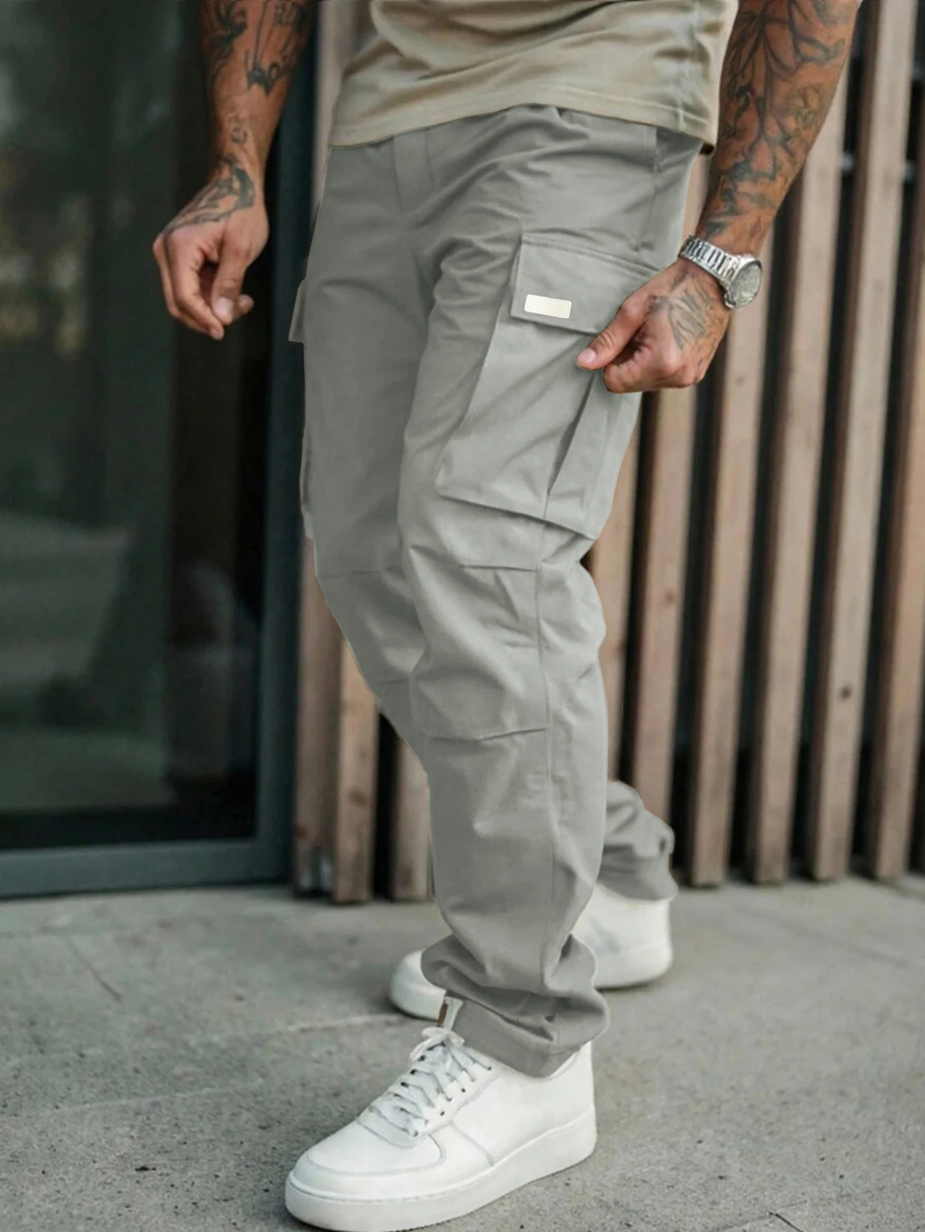Einfarbige Cargohose für Herren mit Pattentasche, Kordelzug am Bund, normale Passform, lässige Hose mit geradem Bein für den Alltag – Detail 24