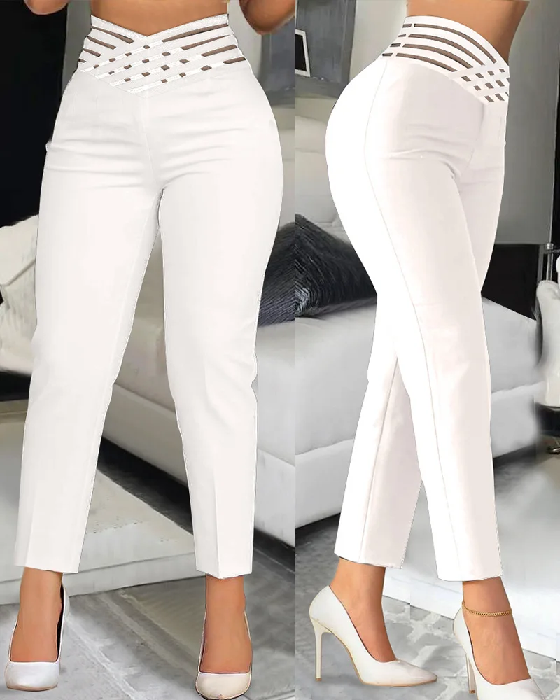 2023 Summer Fashion Pants Women Work Pants Spliced Solid Thin Feet Capris Lady Office Loose Overlap Waist Hollow Out Pants