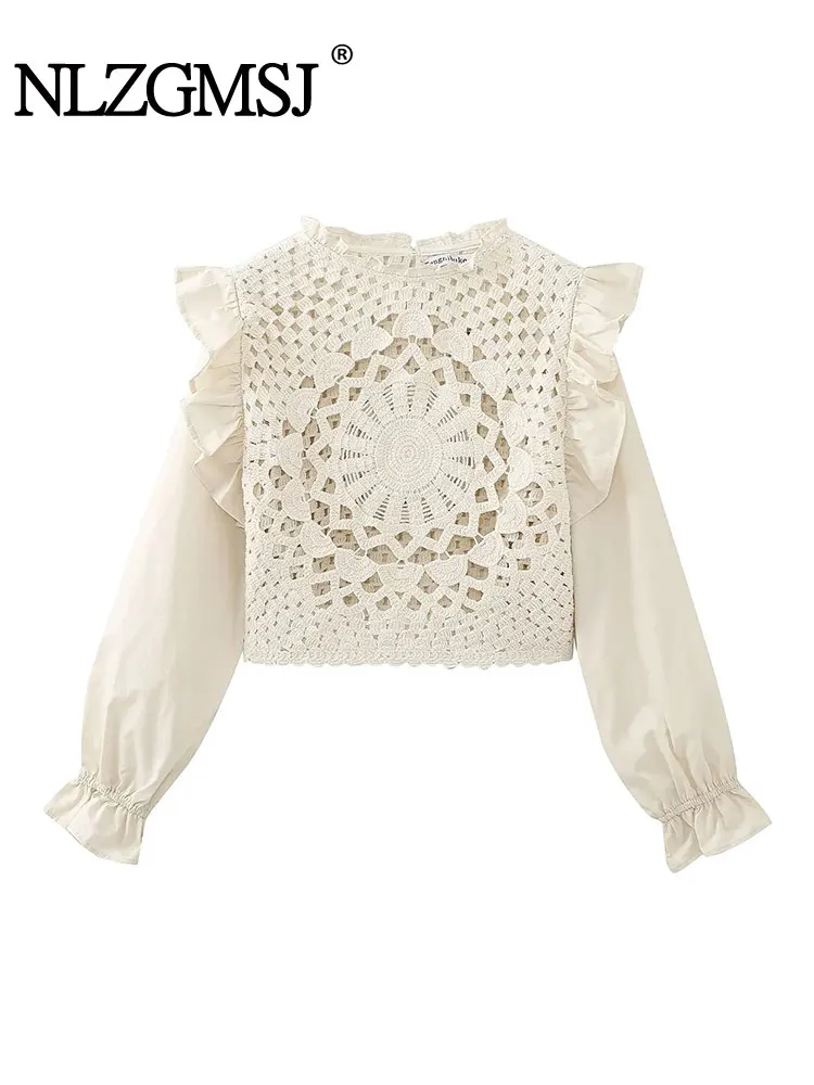 

Nlzgmsj TRAF Autumn Women Retro Sweet Versatile Round Neck Layered Decorative Sleeves Splicing Streets Fashion Tops
