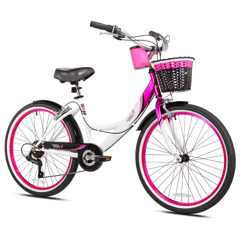 

Susan G. Komen 24 In. Multi-Speed Cruiser Girl's Bike, Pink, White and Black,7-speed Drivetrain with Twist Shifters Bycicle