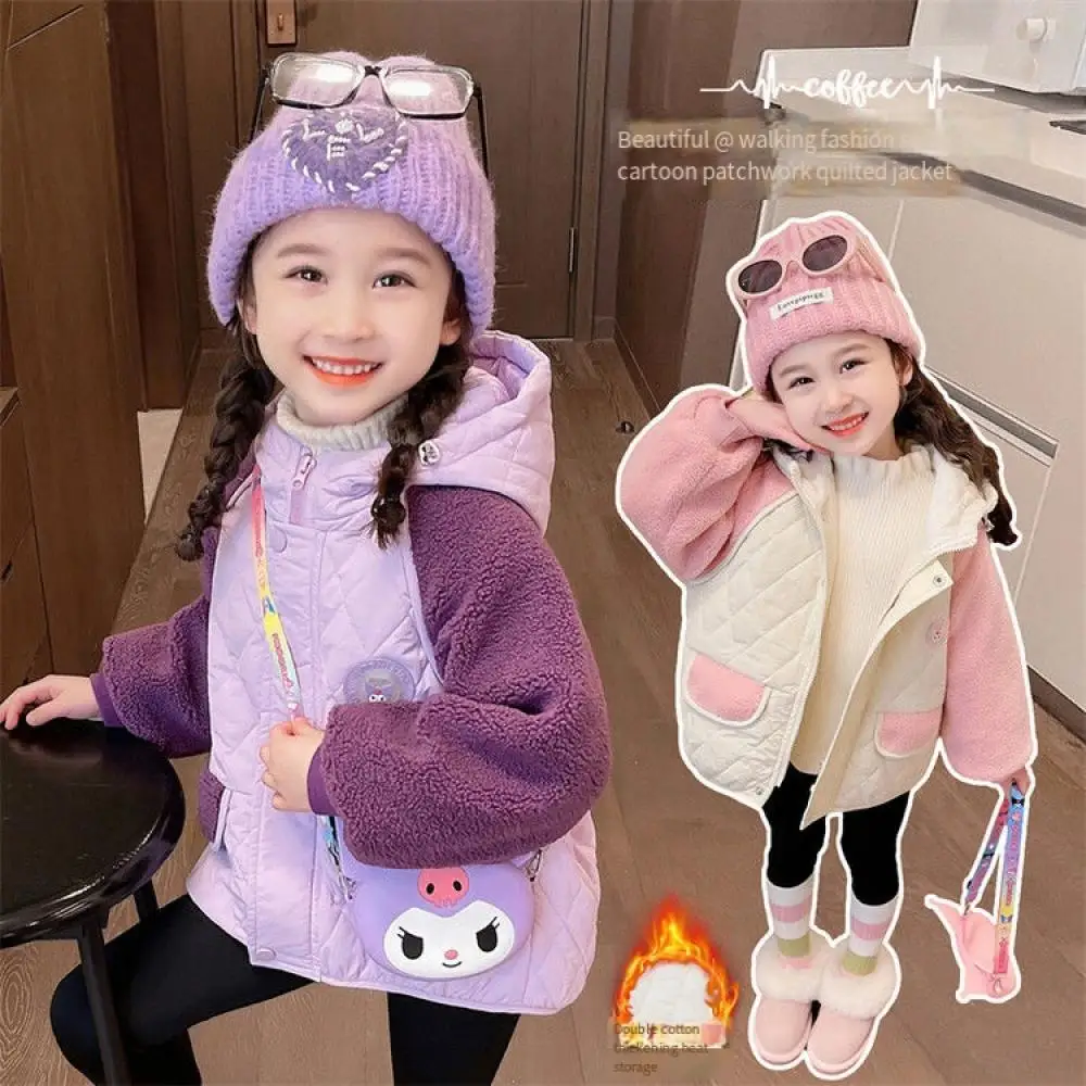 

Kawaii Sanrio My Melody Kuromi Girls Coat Anime Thickened Long Sleeve Top Kids Hooded Jacket Autumn Winter Children's Clothing