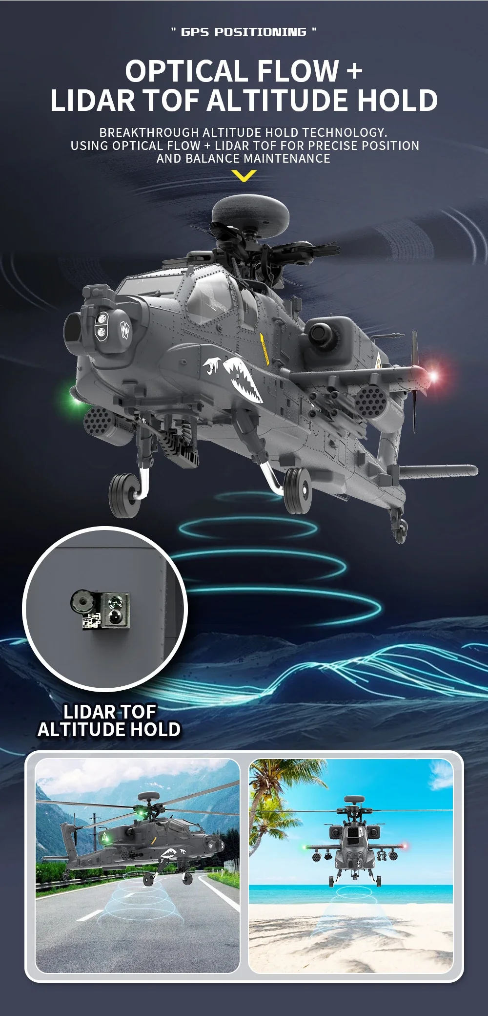 YXZNRC F11-S 1:32 AH-64 Apache Scale 2.4G 6CH GPS Altitude Hold Optical Flow Positioning 5.8G FPV Camera Dual Brushless Motor Flybarless RC Helicopter RTF