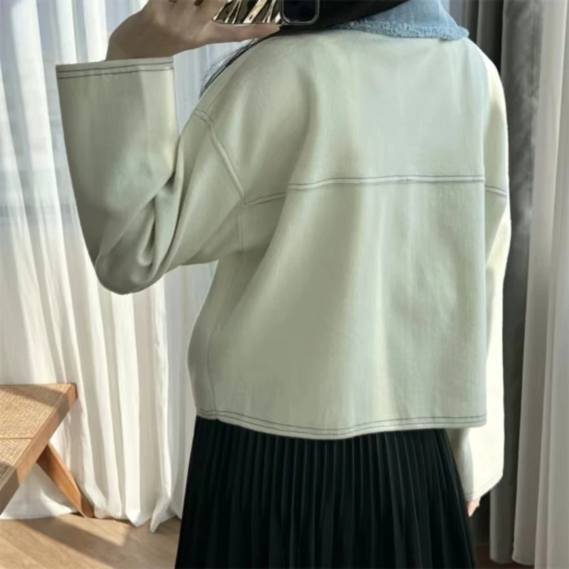 

Women's short jacket 2024 early spring new French style casual contrast knitted stitching jeans cardigan edge top color contrast