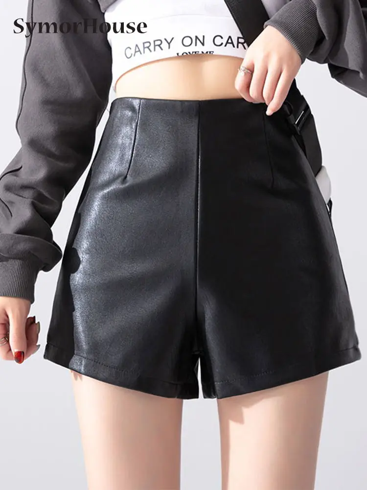 

2023 Autumn Winter Vintage Stretch PU Leather Shorts Women High Waist Simple Office Lady Slim Black Sheath A-Line Shorts Female