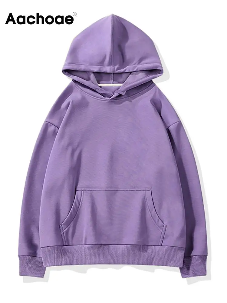 

Aachoae Fleece Hooded Sweatshirt Women Autumn Winter Long Sleeve Casual Hoodies Solid Color Pocket Jacket Ladies Pullovers