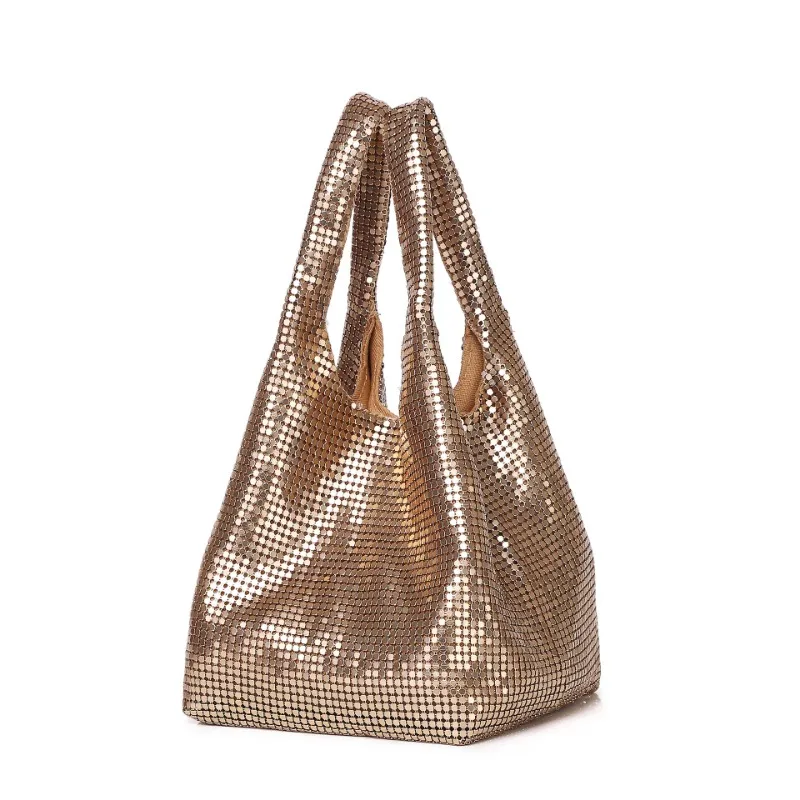 

High Street Aluminum Sheet Dinner Bag Women Shiny Sequin Bucket Evening Bag Fashion Sequined Bling Gold Hand Bags Bolso Mujer