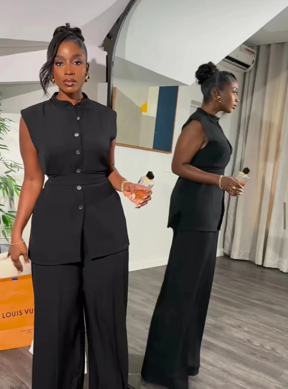 Women's Sleeveless Lace Up Top and Wide Leg Pants Set, Summer Fashion, Casual, African, Button