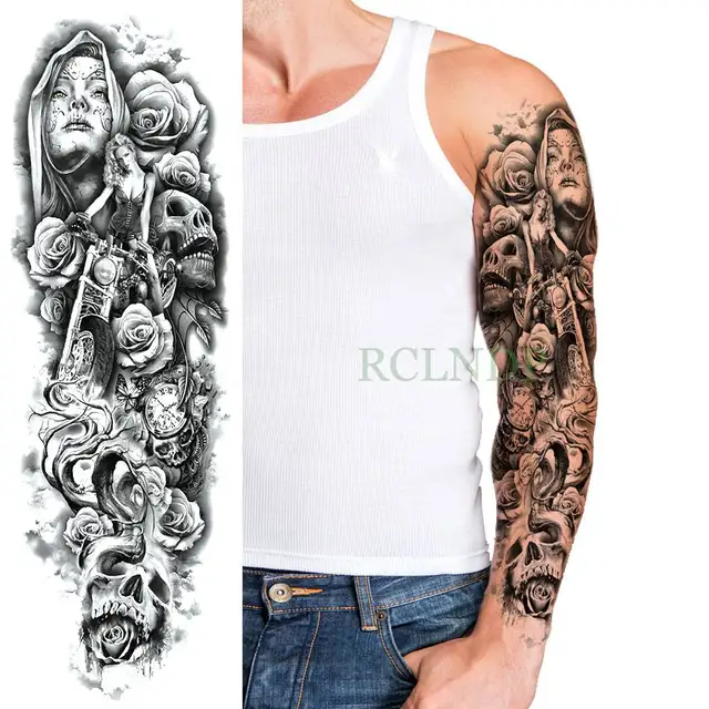 Autocollant de tatouage temporaire imperméable motif totem géométrique, bras complet limité à la manche, grande taille, faux tatouage flash pour hommes et femmes 6