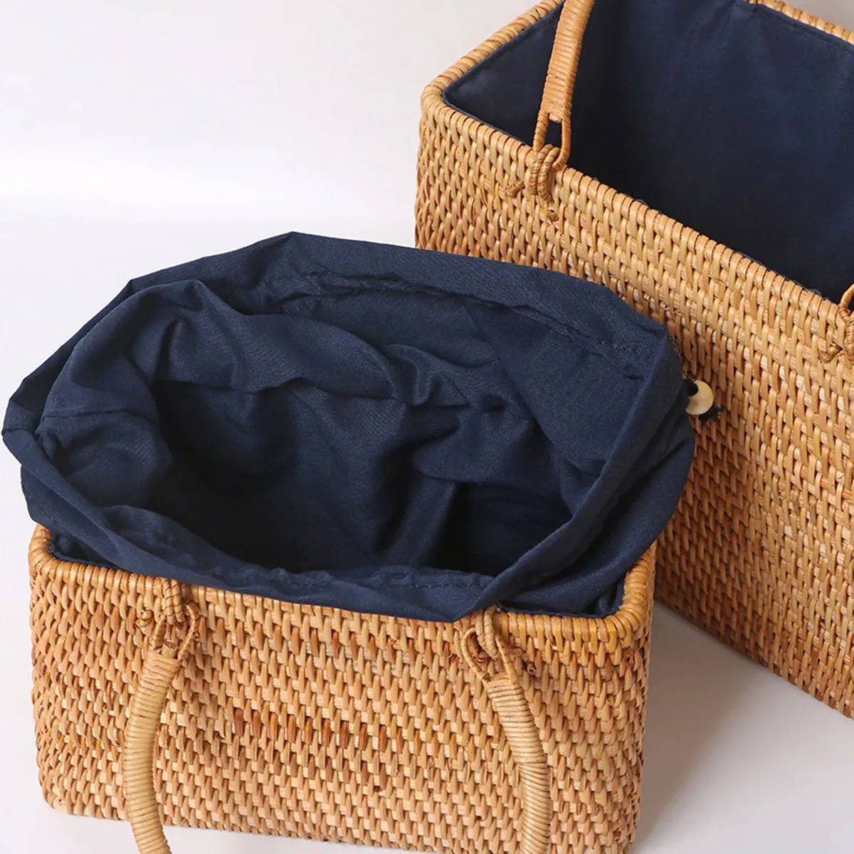 1pcs 9.8/11inch Autumn Rattan Handbag Forest Style Retro Literary Woven Basket Beach Bag Square Rattan Woven Bag Picnic Basket 6