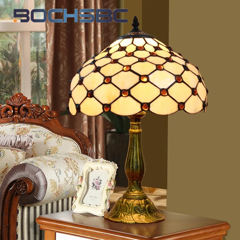 

BOCHSBC Tiffany stained glass desk lamp retro beads style Art Deco living room bar dining room study bedroom Bedside task lamp