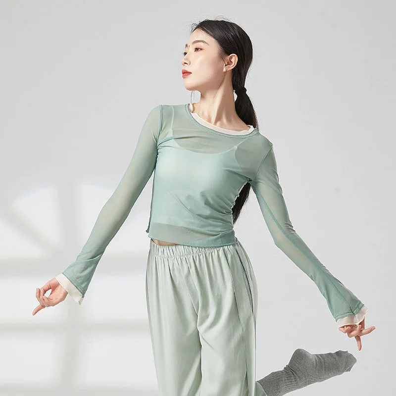 

Adult 2 Tone Slim Fit Semi Transparent Belly Dance Blouse T Shirt Top Costume for Women Dancing Clothes Dancer Wear Clothing